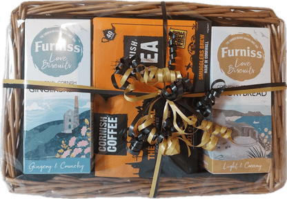 An elegant tea and coffee hamper from the Cornish Tea and Coffee Company, filled with a selection of Cornish coffee and tea blends, accompanied by traditional Furniss Cornish biscuits, beautifully arranged to showcase Cornwall's rich culinary heritage - Tin Coast Treats