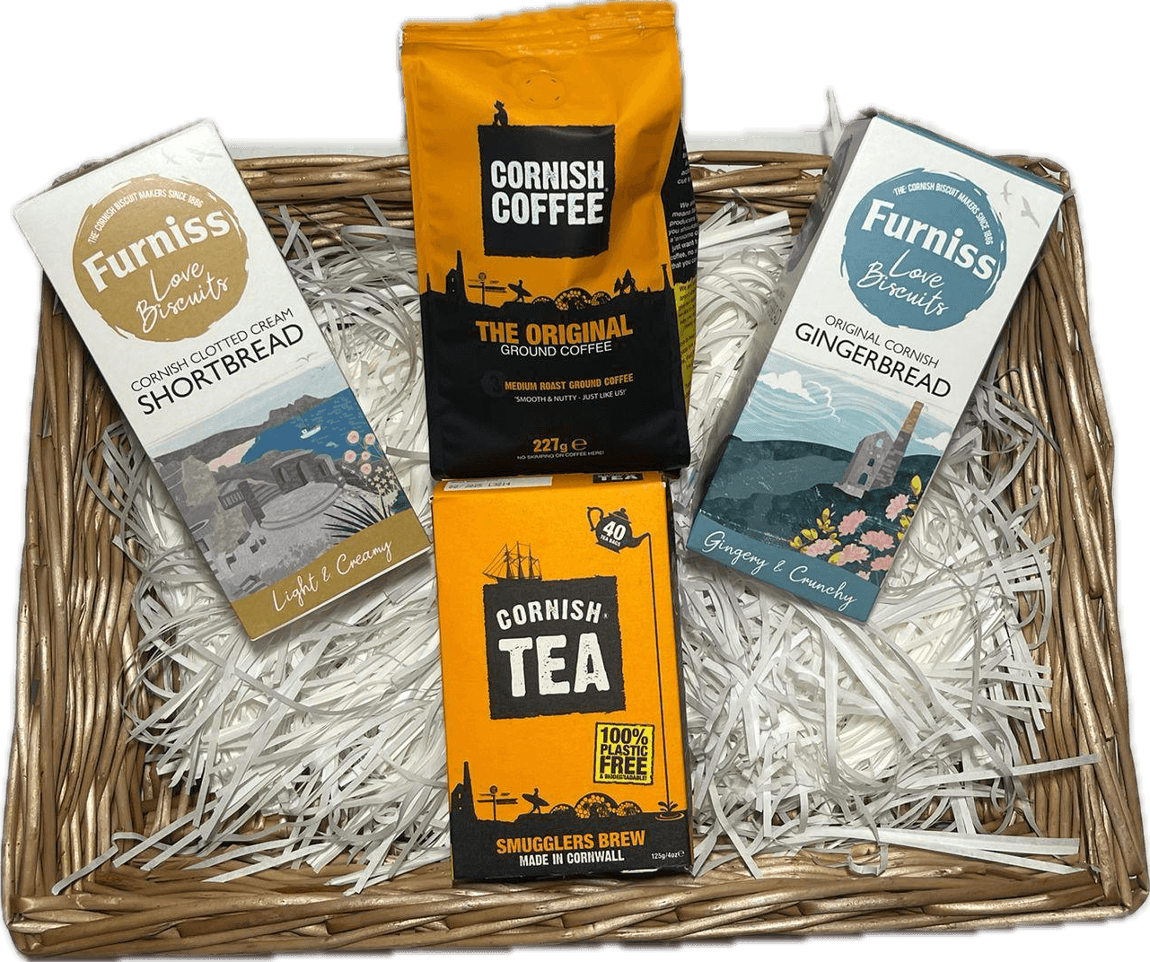 A beautifully presented gift hamper featuring an assortment of Cornish coffee and tea from the Cornish Tea and Coffee Company, paired with traditional Furniss Cornish biscuits, capturing the authentic flavours of Cornwall - Tin Coast Treats