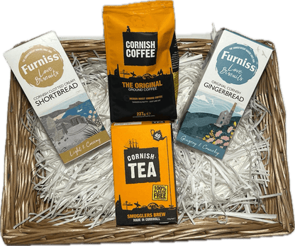 A beautifully presented gift hamper featuring an assortment of Cornish coffee and tea from the Cornish Tea and Coffee Company, paired with traditional Furniss Cornish biscuits, capturing the authentic flavours of Cornwall - Tin Coast Treats