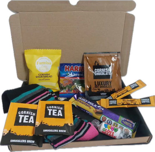 Men's gift box from Tin Coast Treats featuring fun socks for guys in a box, along with Cornish tea, coffee, hot chocolate, and an assortment of sweets and treats, elegantly packaged for any special occasion.