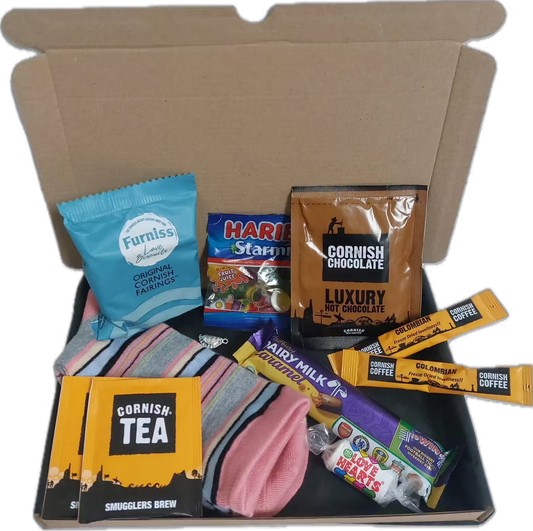 Gift box from Tin Coast Treats featuring Ladies Sock in a Box, premium Cornish tea, coffee, and hot chocolate, along with an assortment of chocolates and sweets, elegantly packaged for any special occasion.